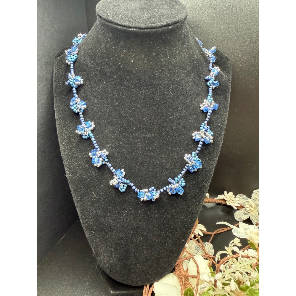 Blue Crystal Cluster Beaded Necklace Floral Beadwork Statement Necklace Handmade